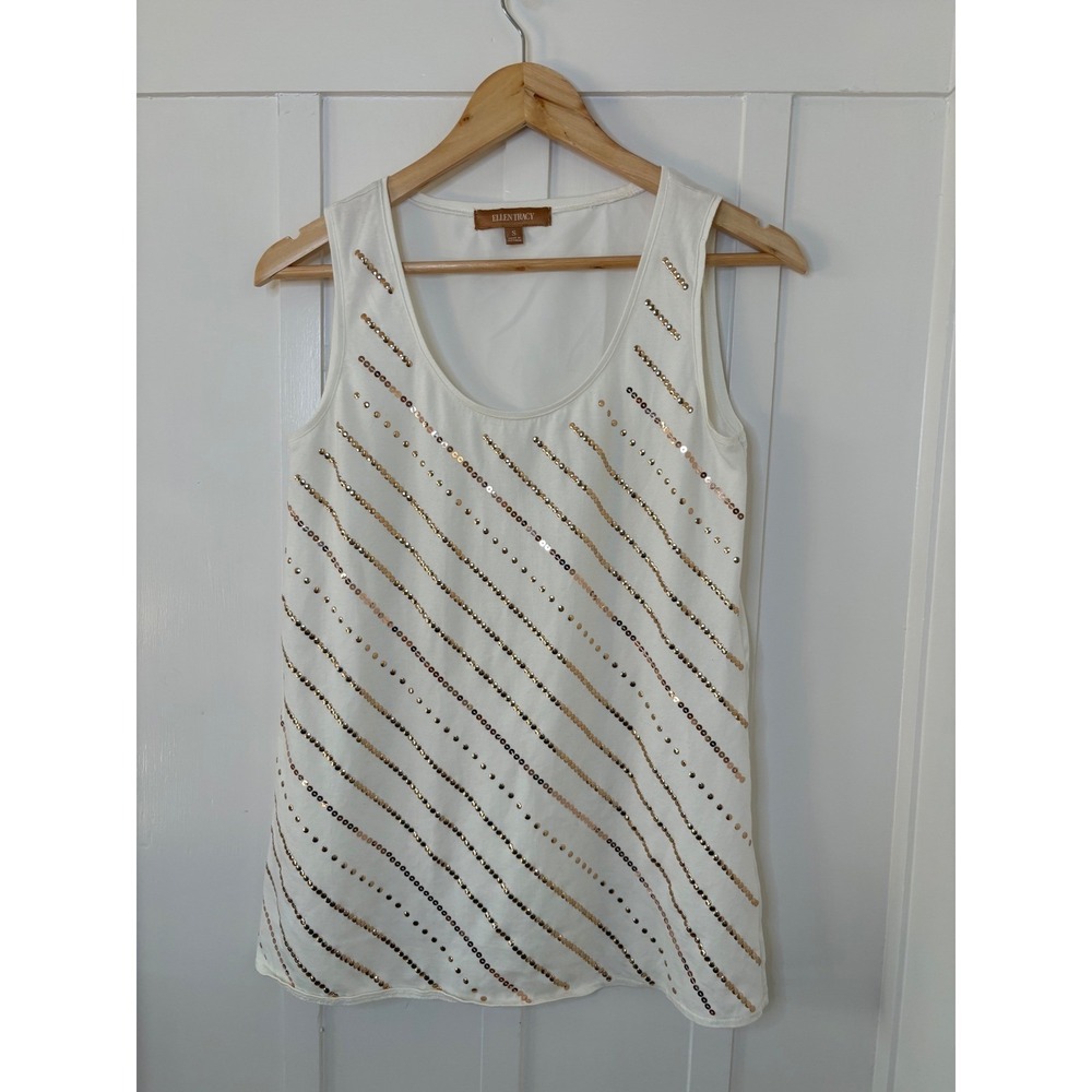 Ellen Tracy White Rose Gold Sequin Stripe Tank Top Mixed Media Sleeveless Small